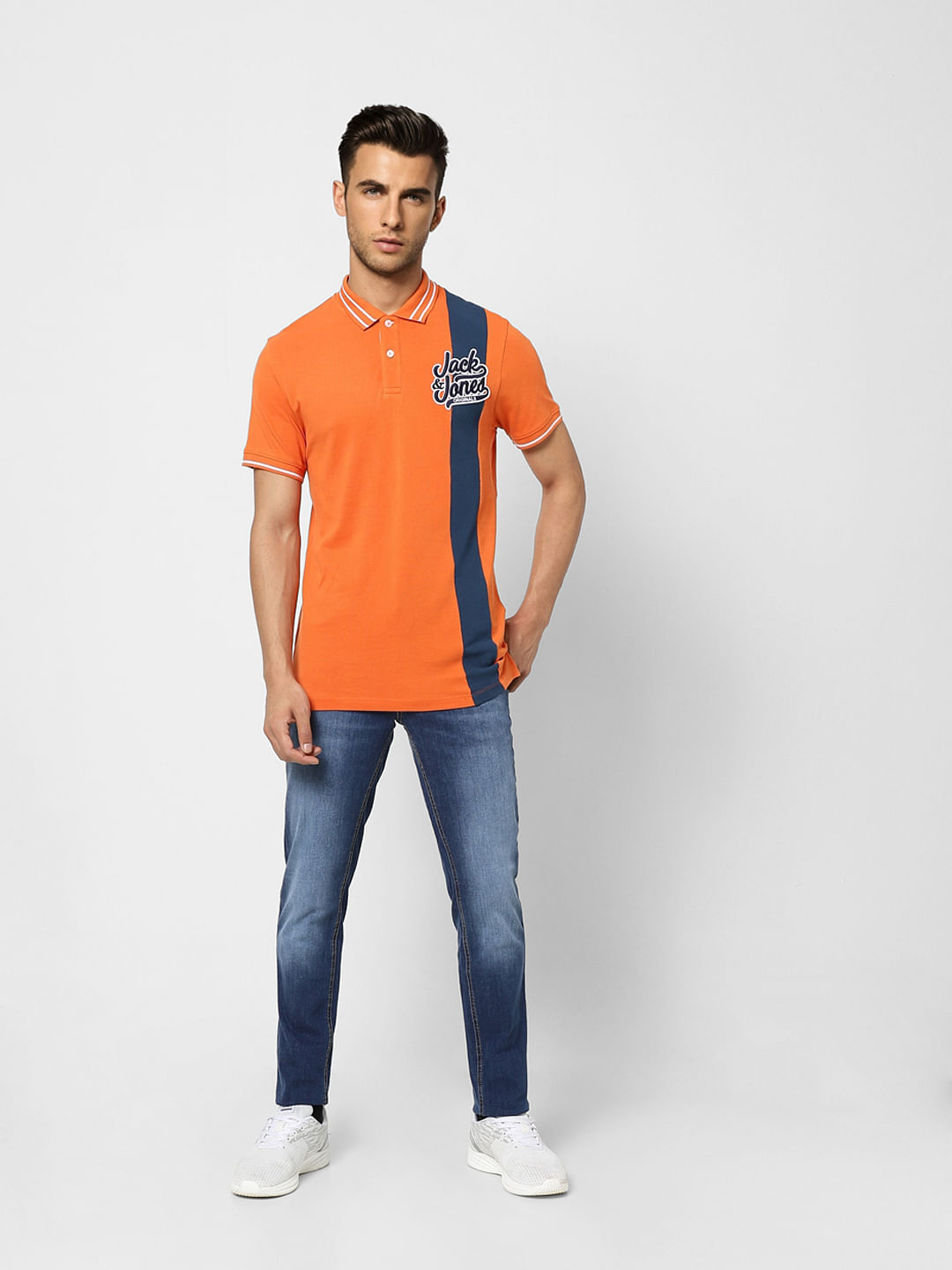 Orange Logo Print Polo Neck T-shirt