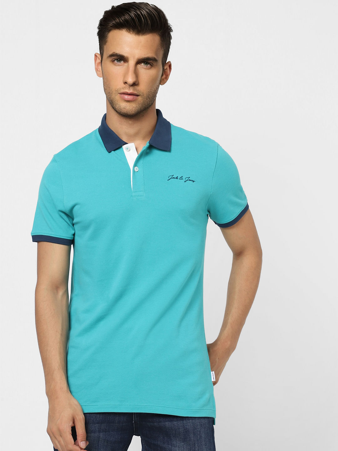 Blue Contrast Tipping Polo Neck T-shirt