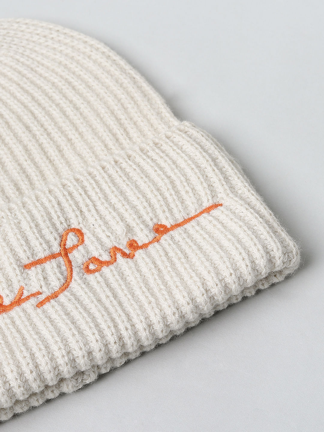 Cream Logo Print Beanie