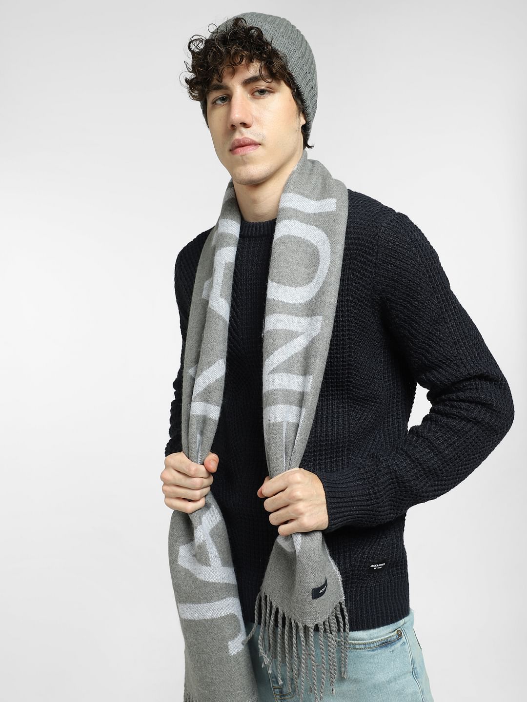 Grey Logo Print Scarf