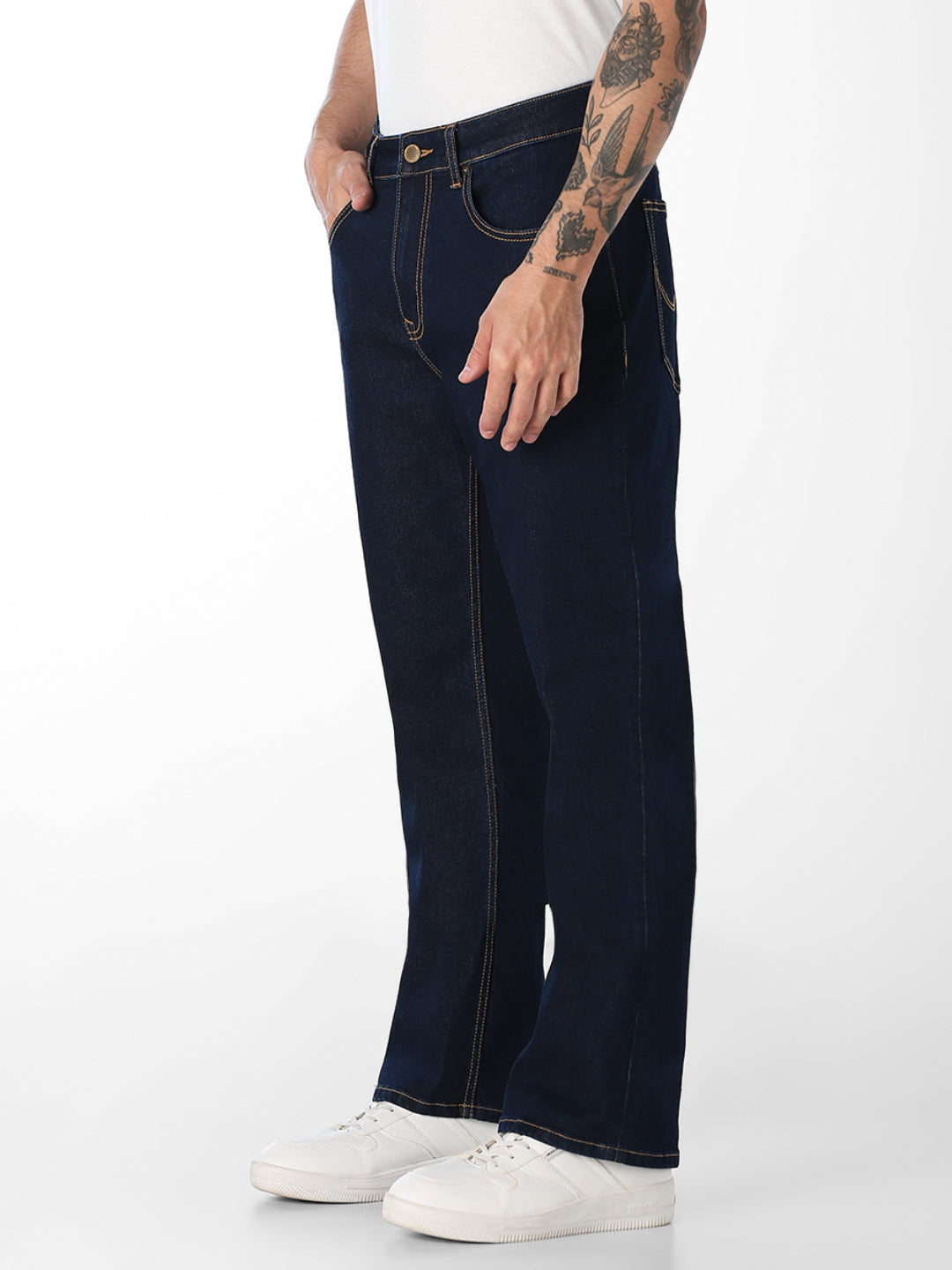 Men's Dark Blue Solid Bootcut Stretch Jeans