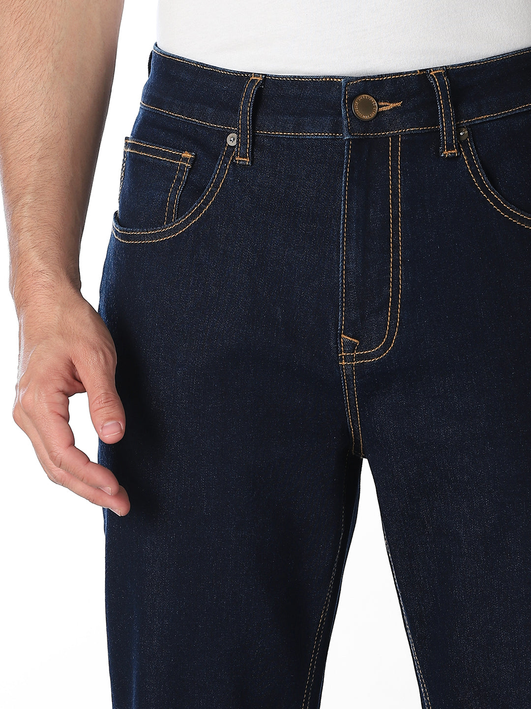 Men's Dark Blue Solid Bootcut Stretch Jeans