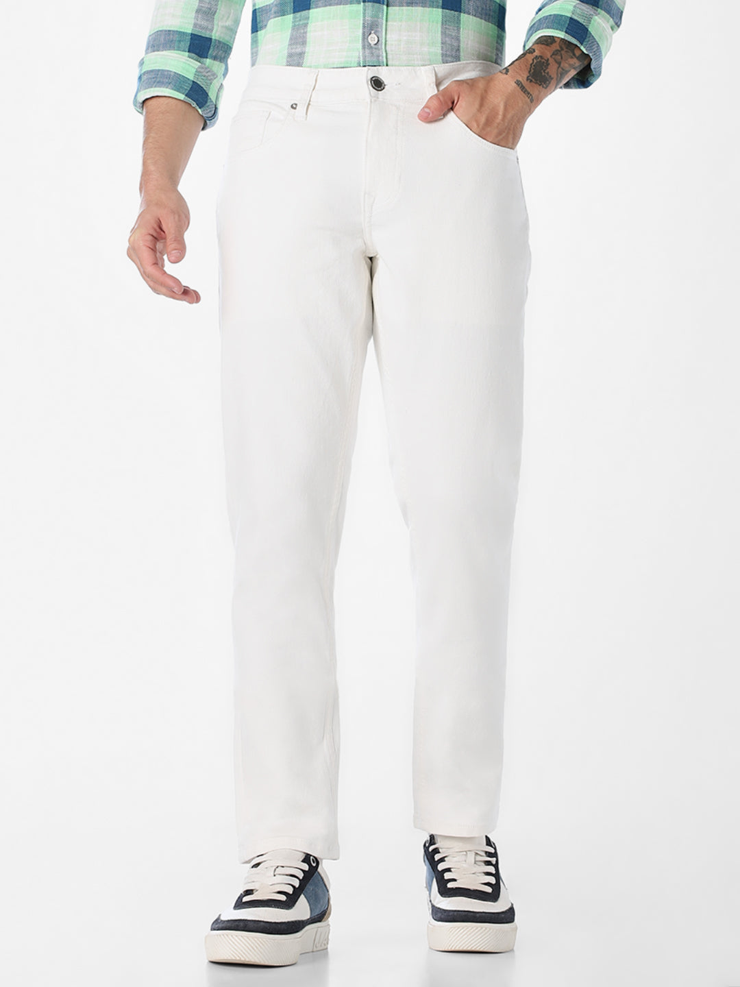 Men's Beige Slim Fit Stretch Jeans With Zip Fly