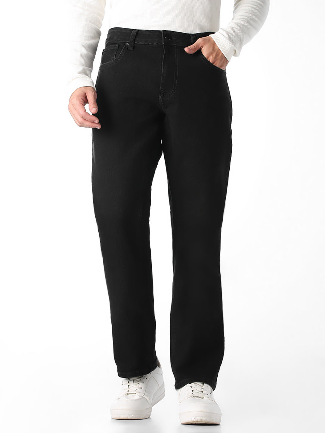 Men's Black Regular Fit Straight Jeans With Zip Fly