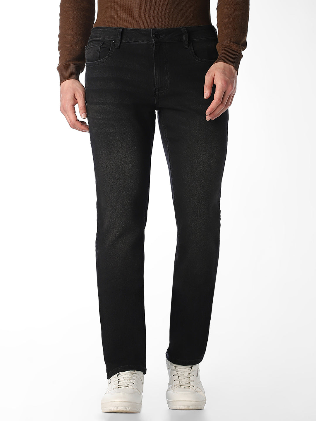 Men's Black Regular Fit Straight Jeans With Stretch