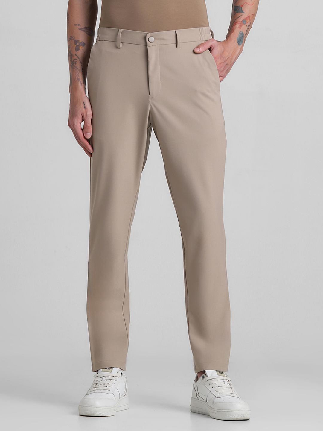 Khaki Mid Rise Slim Fit Trousers