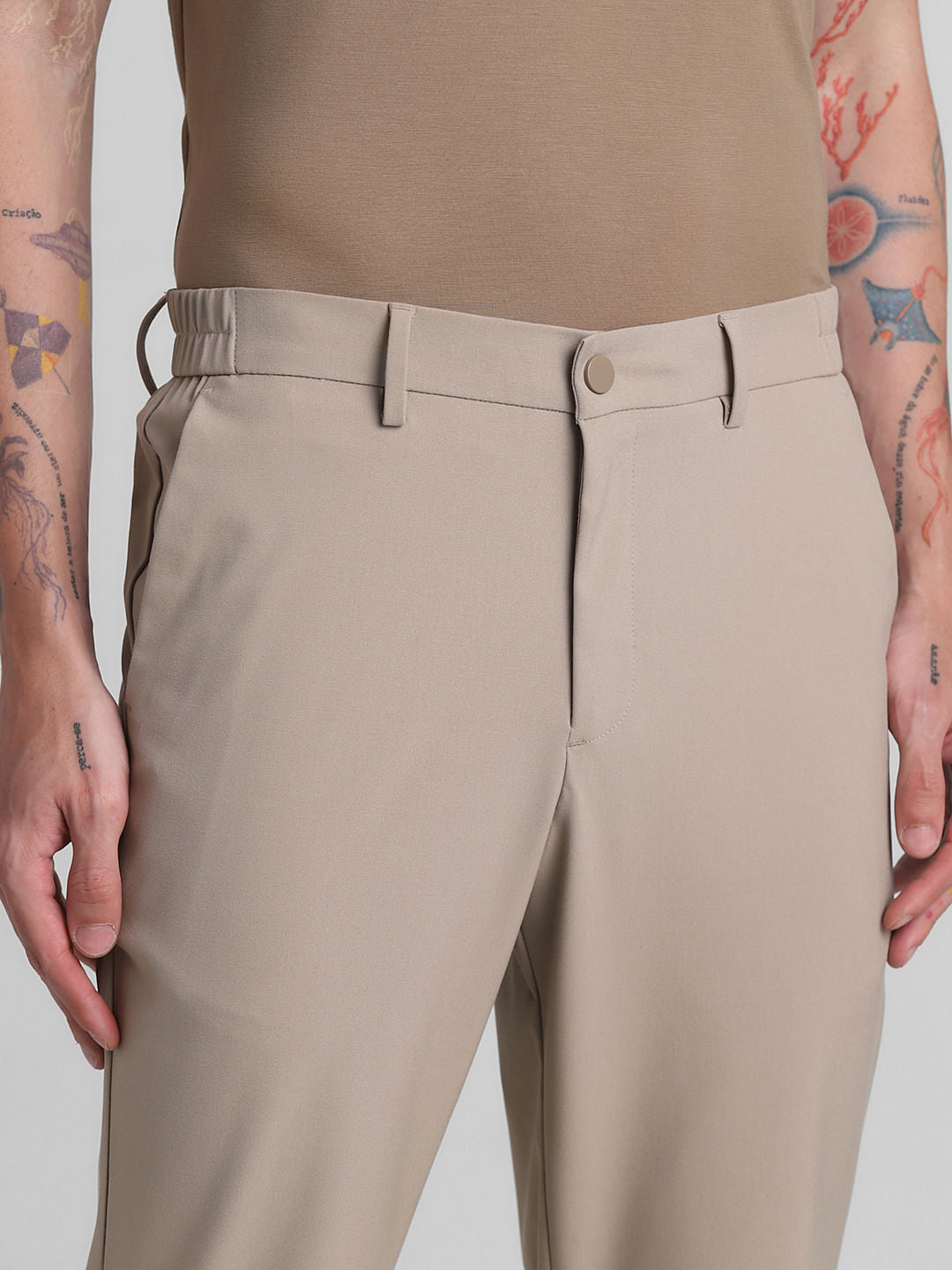 Khaki Mid Rise Slim Fit Trousers