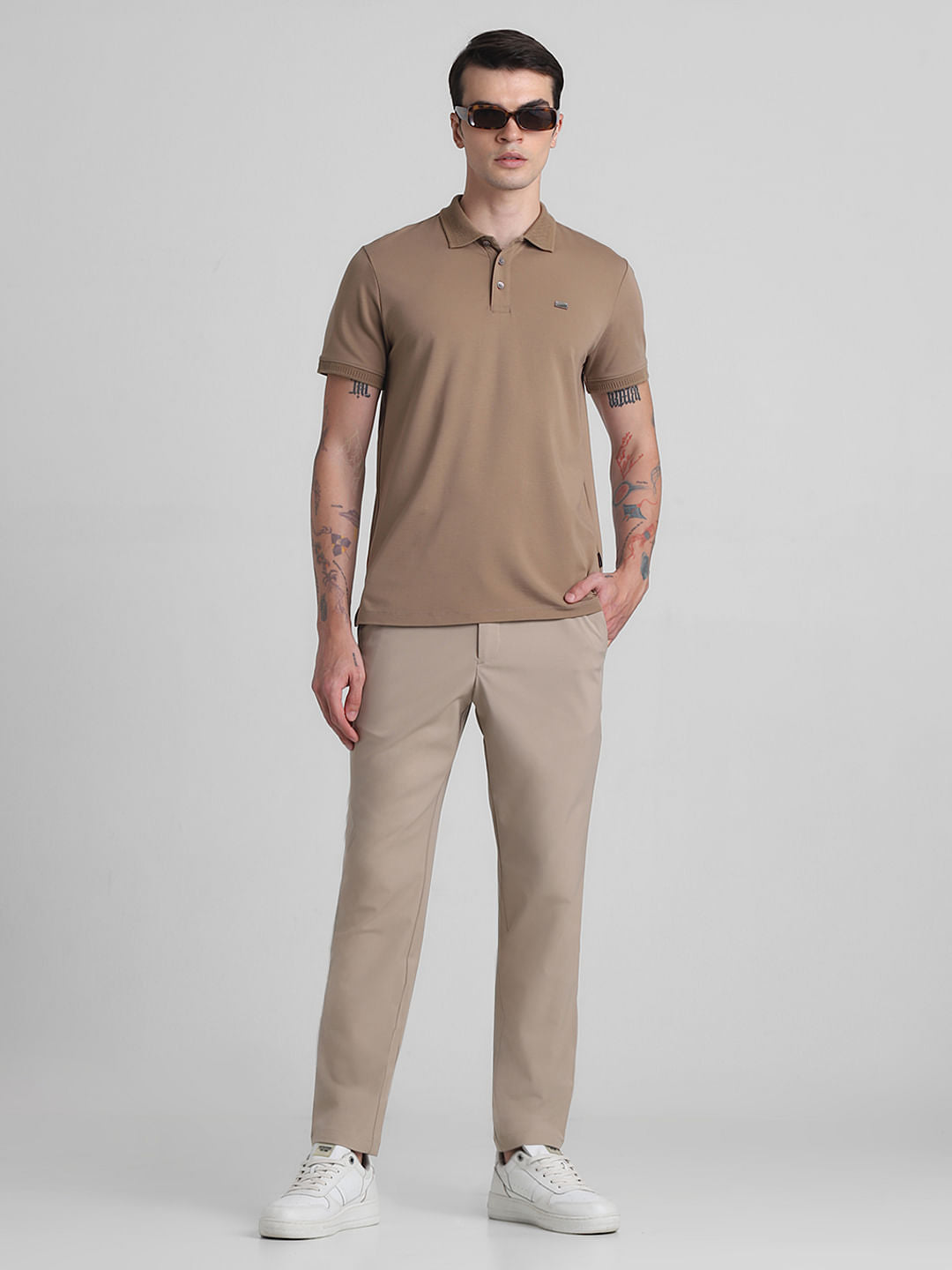 Khaki Mid Rise Slim Fit Trousers