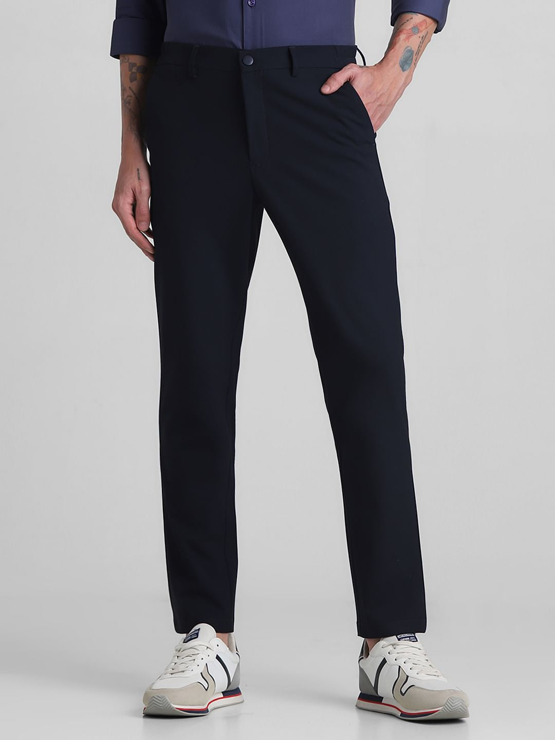 Navy Blue Mid Rise Slim Fit Trousers