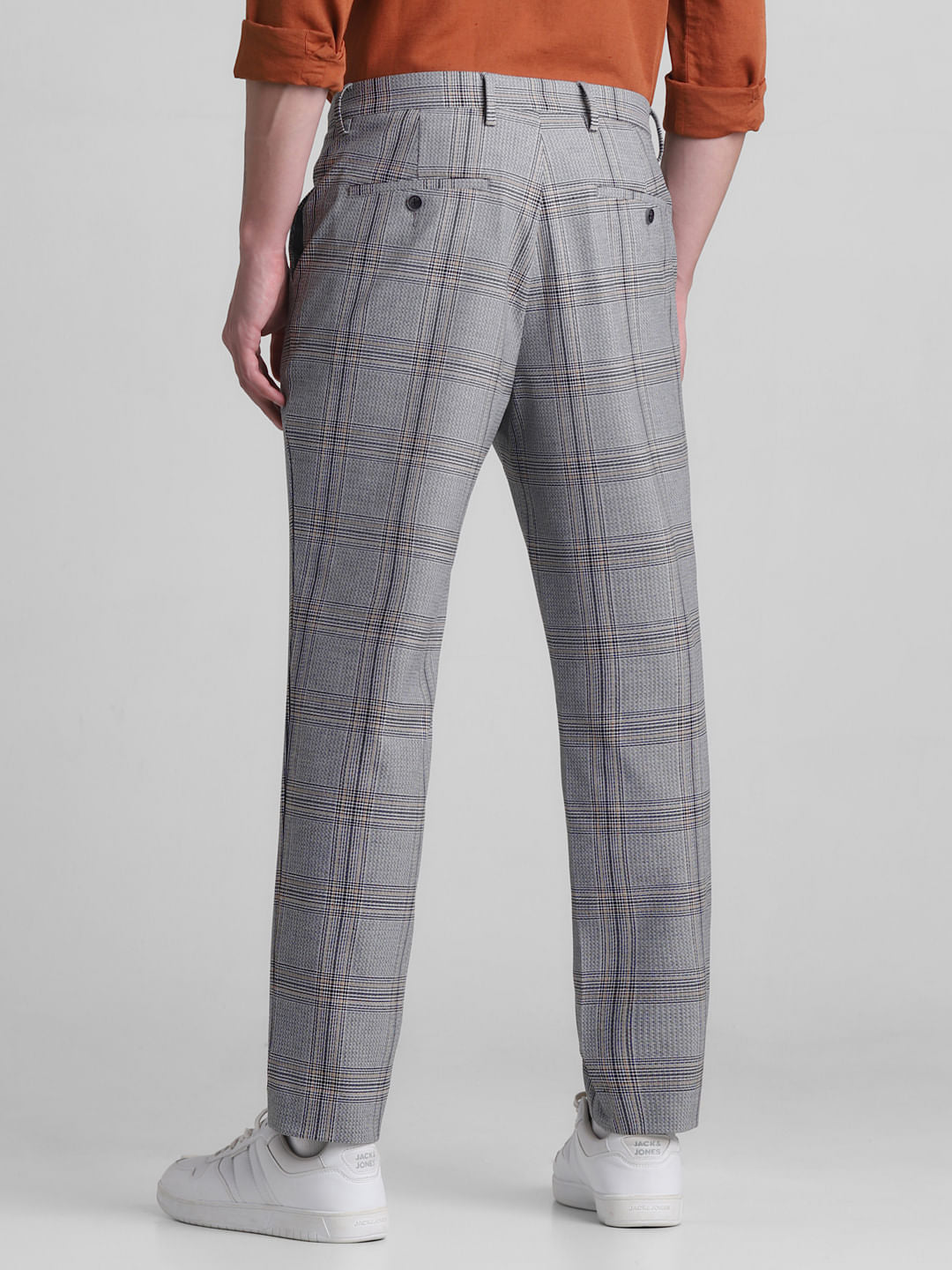 Grey Mid Rise Check Print Trousers
