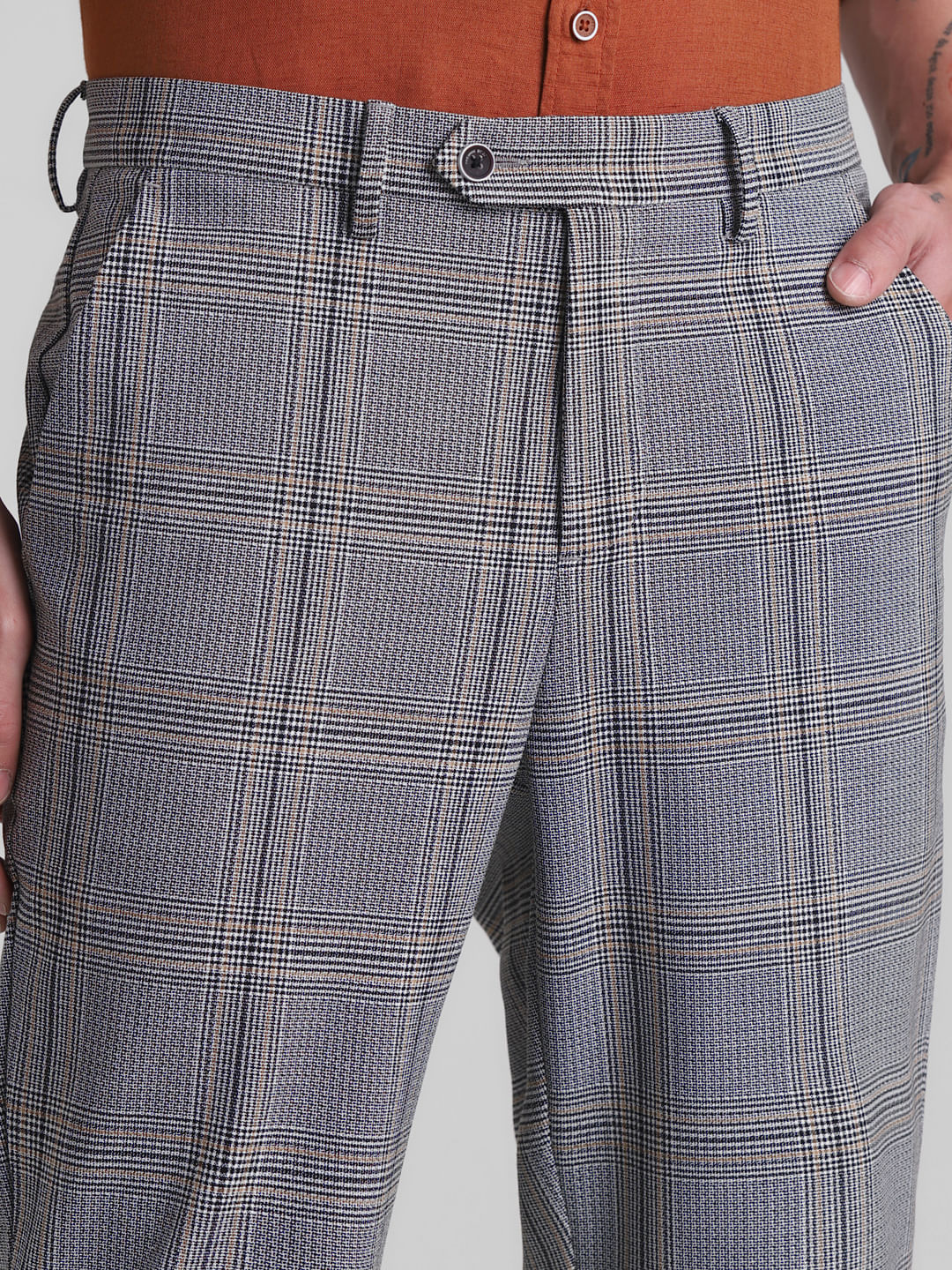 Grey Mid Rise Check Print Trousers