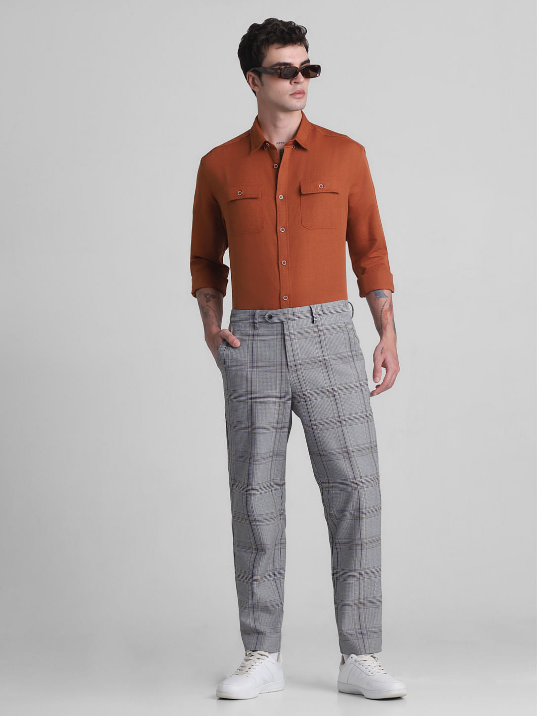 Grey Mid Rise Check Print Trousers