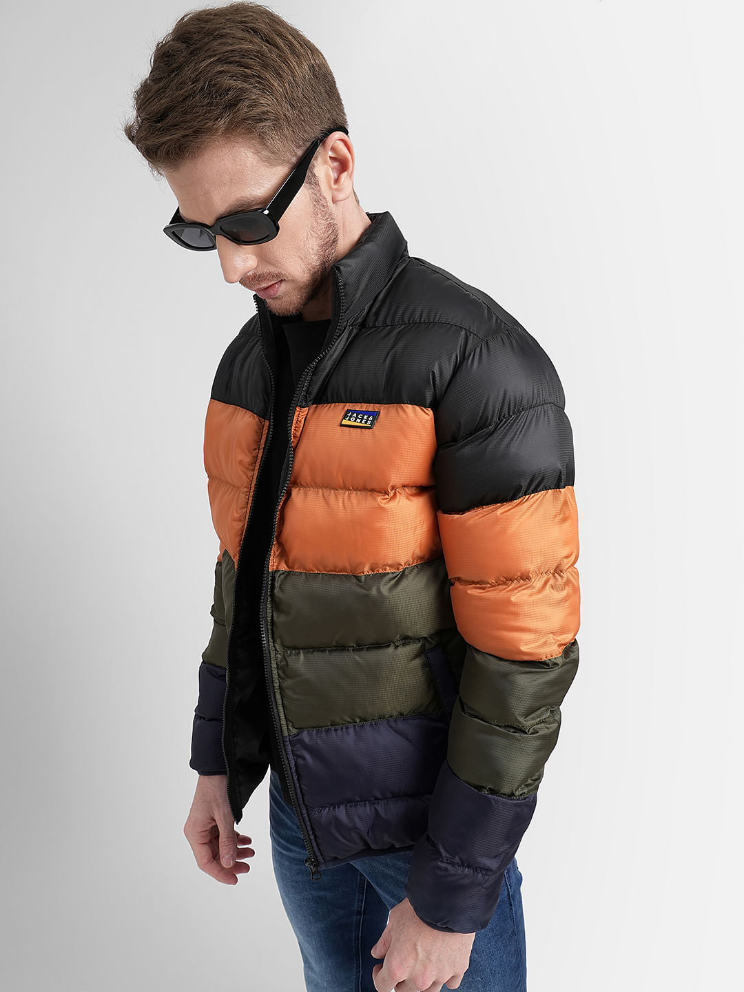 Orange High Neck Colourblocked Puffer Jacket