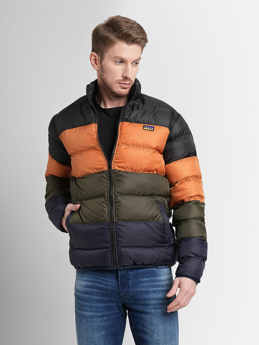 Orange High Neck Colourblocked Puffer Jacket