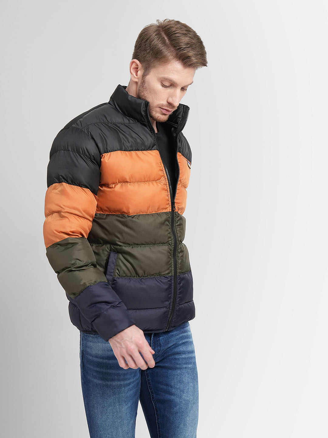 Orange High Neck Colourblocked Puffer Jacket