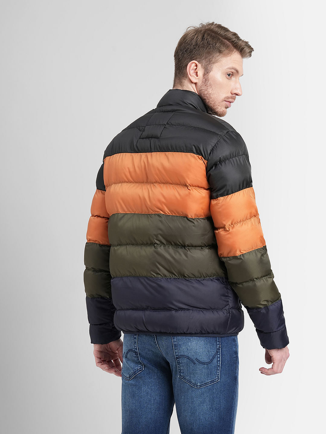 Orange High Neck Colourblocked Puffer Jacket