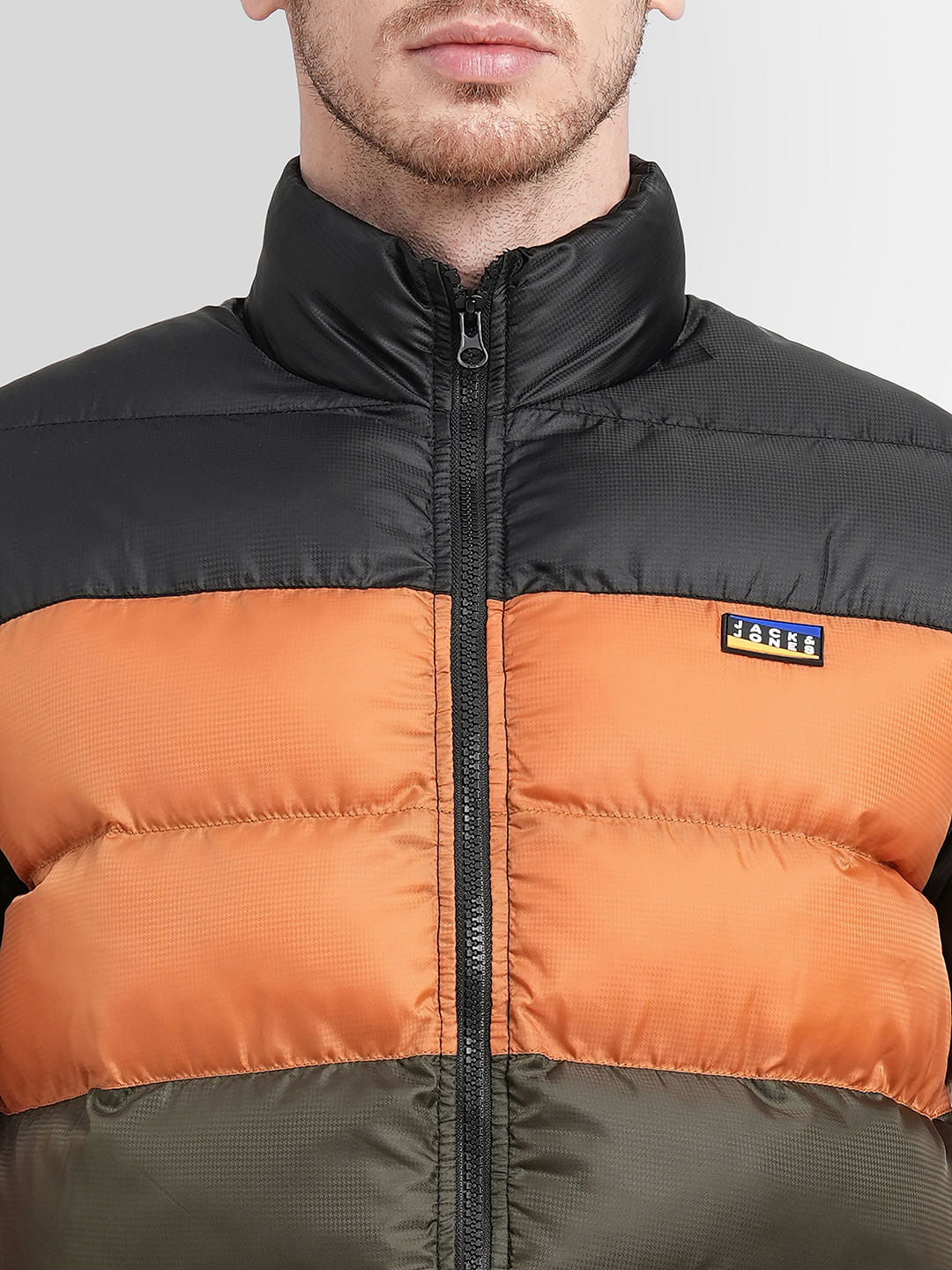 Orange High Neck Colourblocked Puffer Jacket