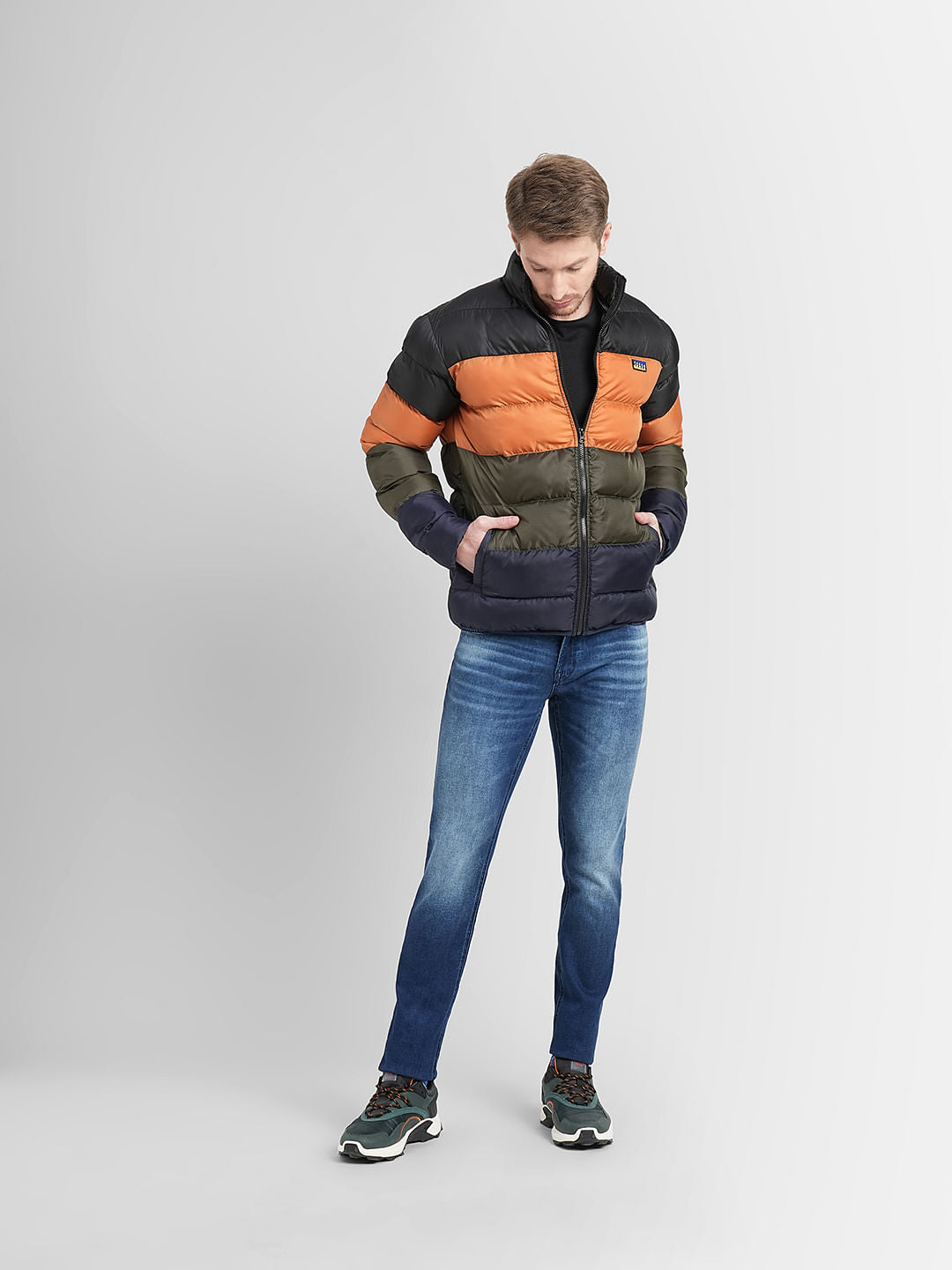 Orange High Neck Colourblocked Puffer Jacket