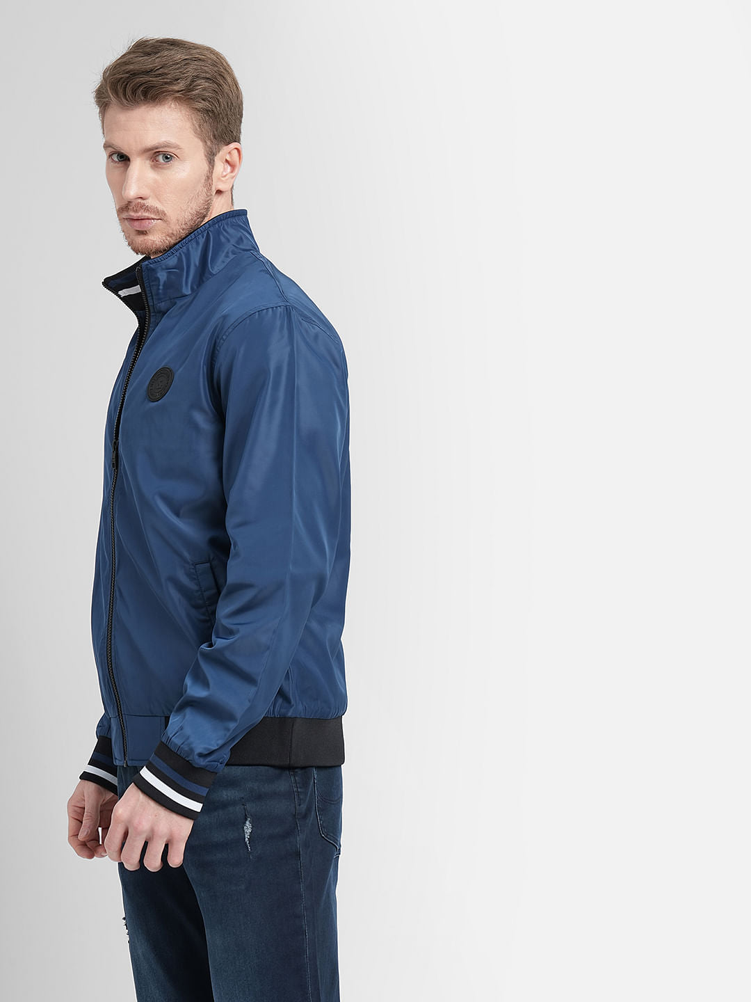 Blue High Neck Casual Jacket