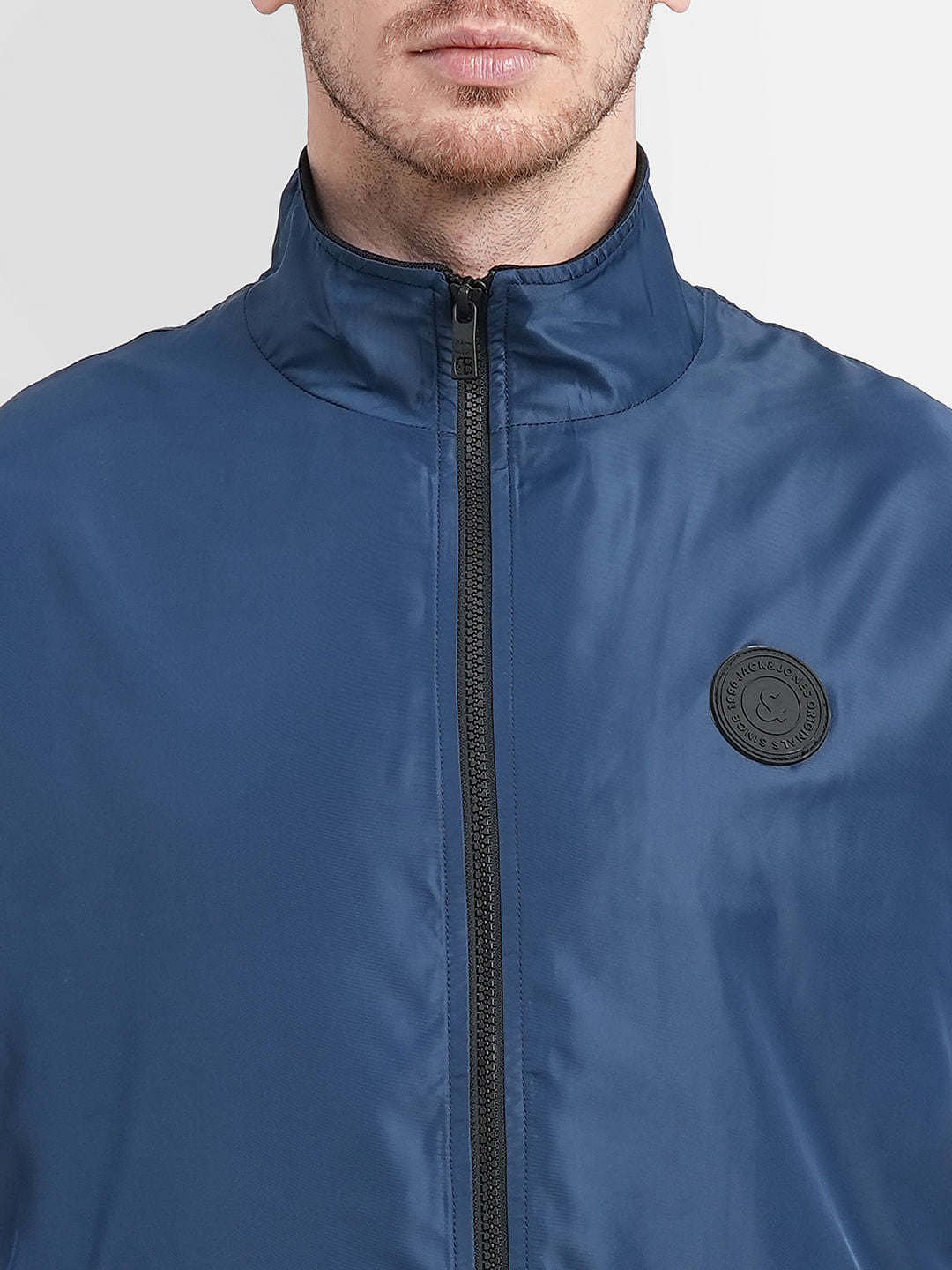Blue High Neck Casual Jacket