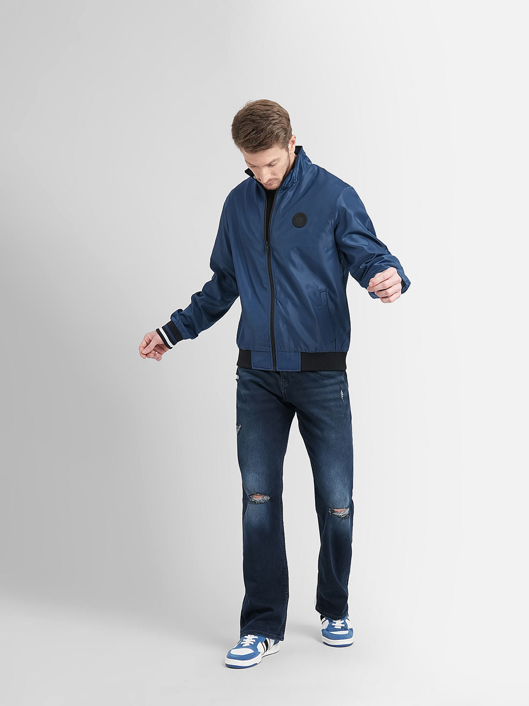 Blue High Neck Casual Jacket