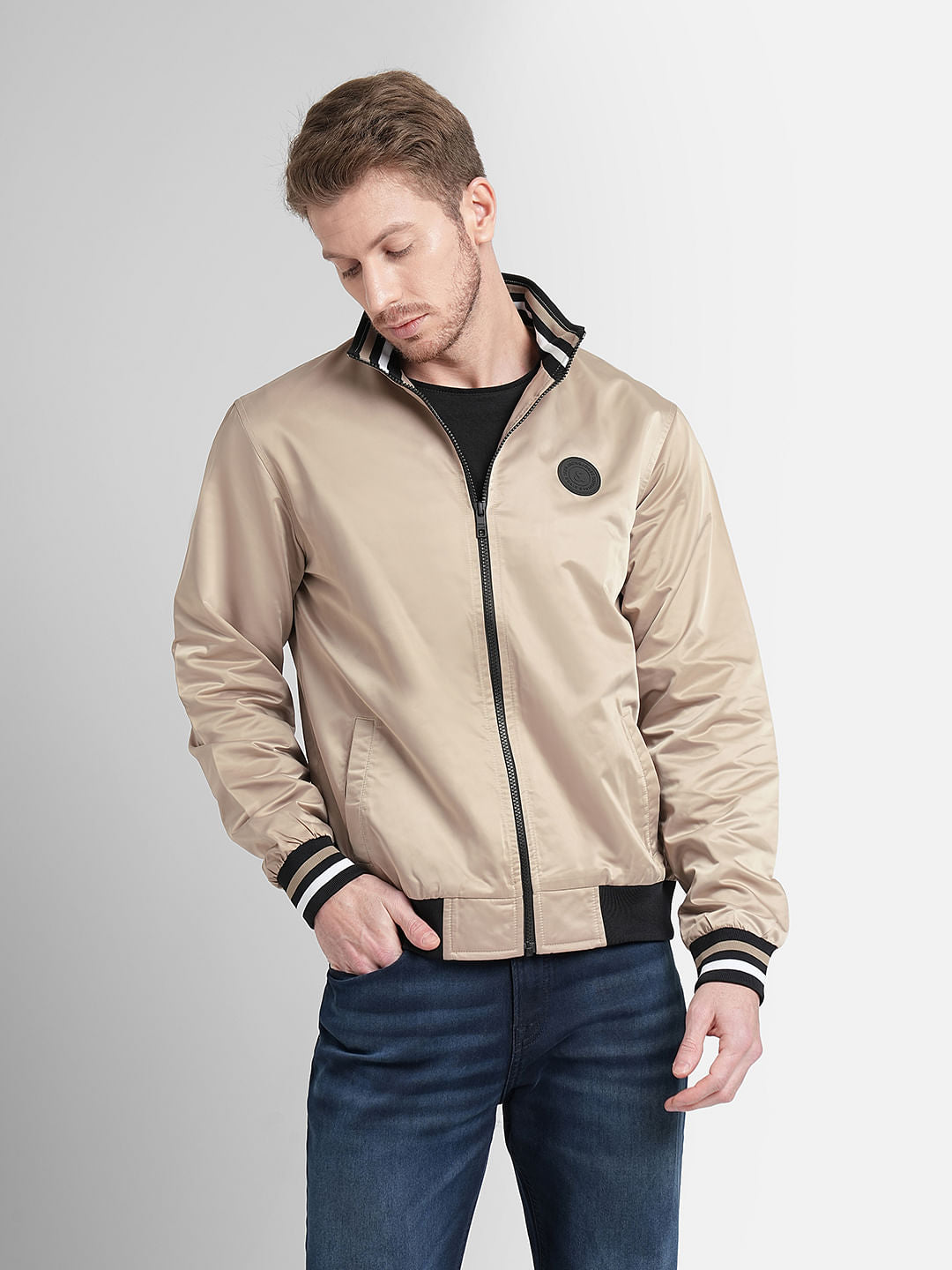 Beige High Neck Casual Jacket