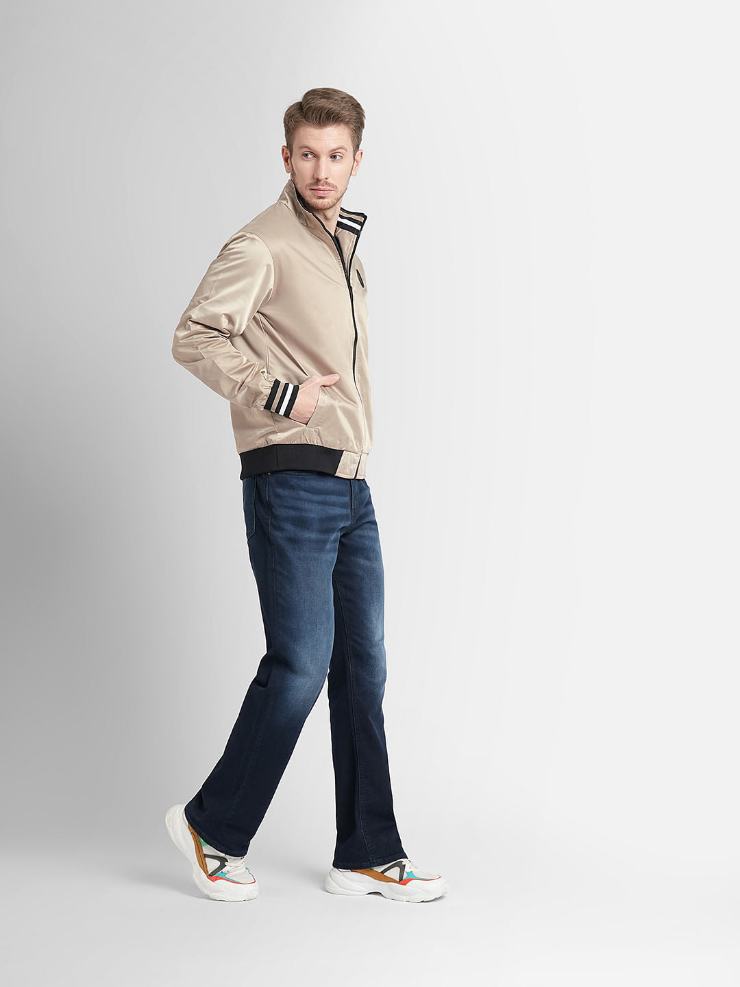 Beige High Neck Casual Jacket