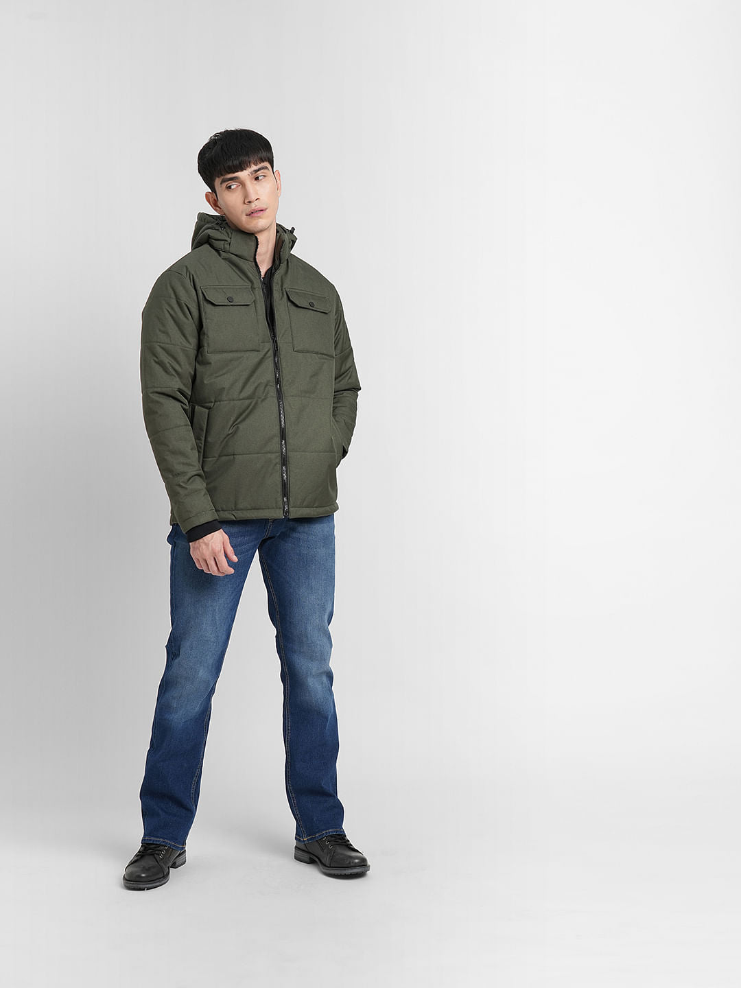Green High Neck Hooded Puffer Jacket