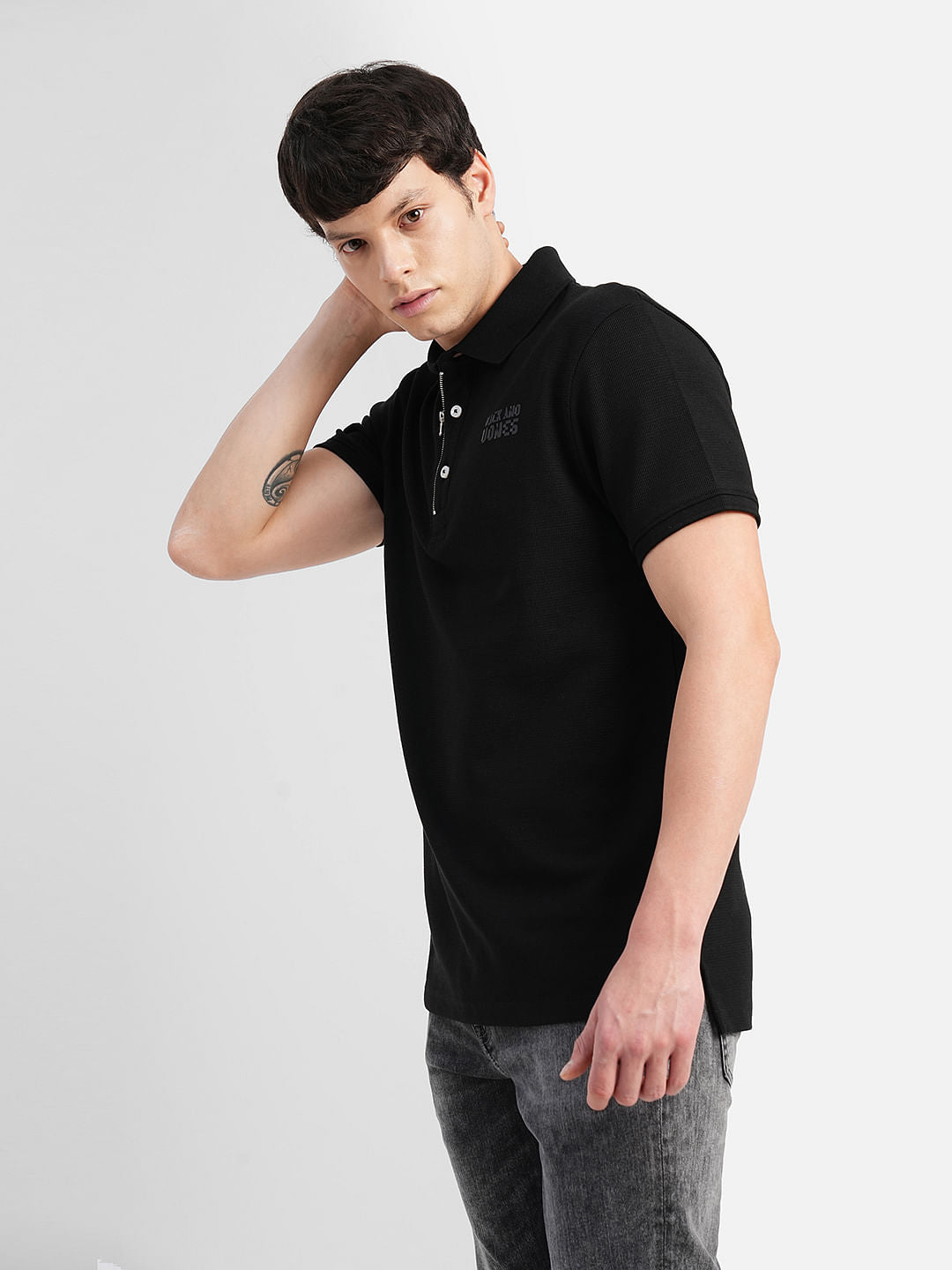 Black Logo Print Polo Neck T-shirt