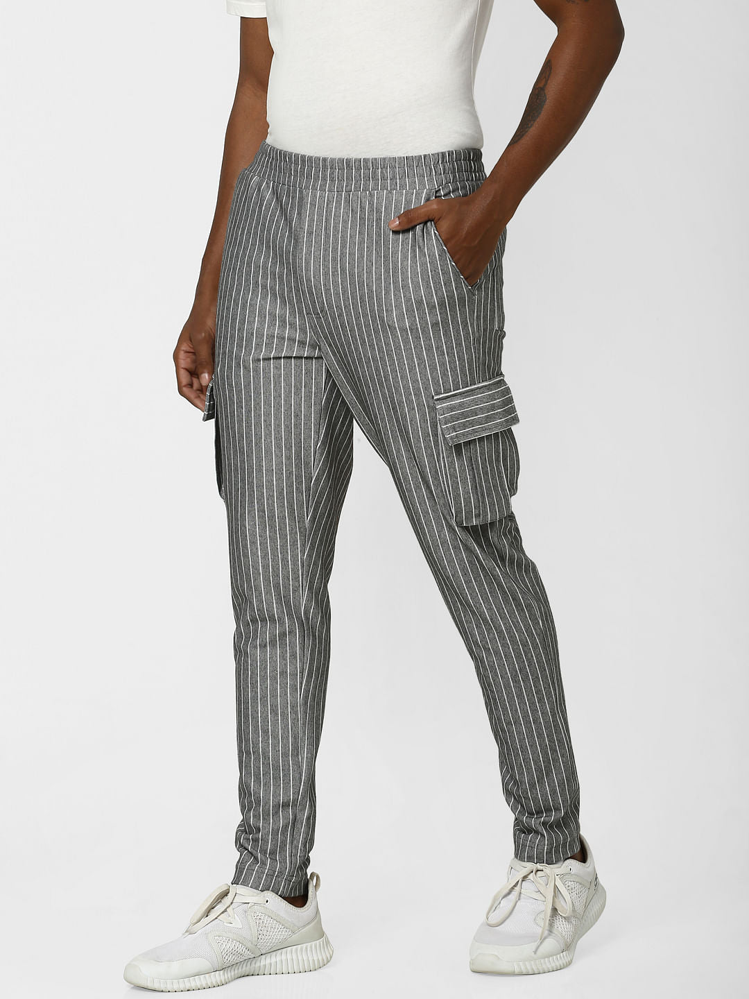 Grey Striped Regular Fit Pants