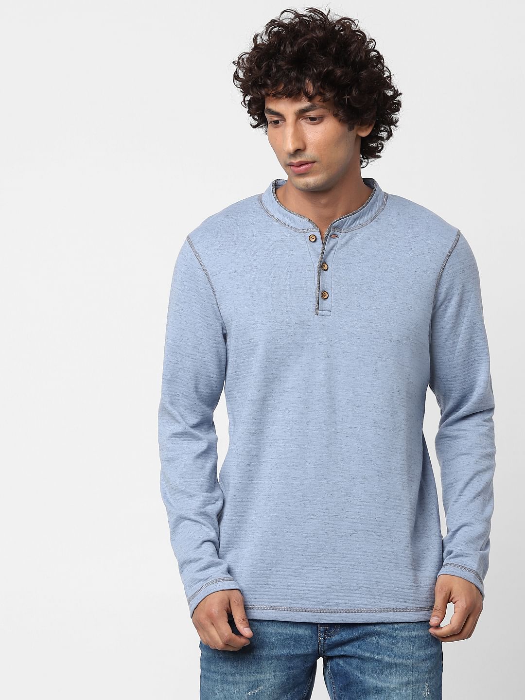 Blue Long Sleeves Henley Neck T-shirt