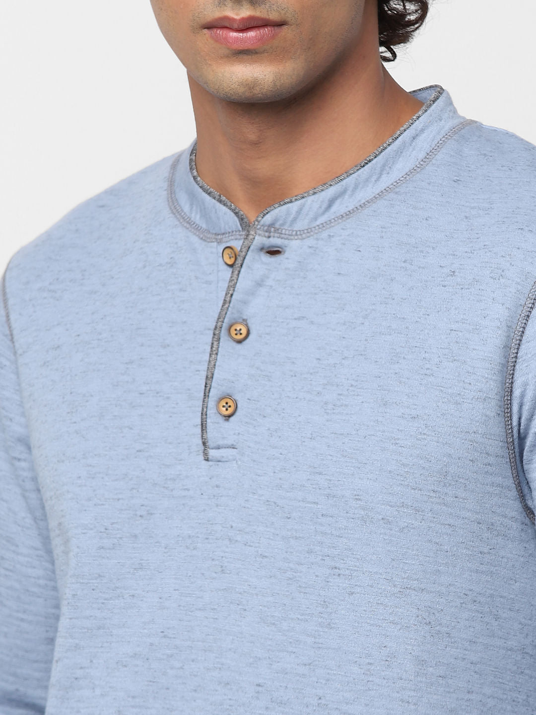 Blue Long Sleeves Henley Neck T-shirt