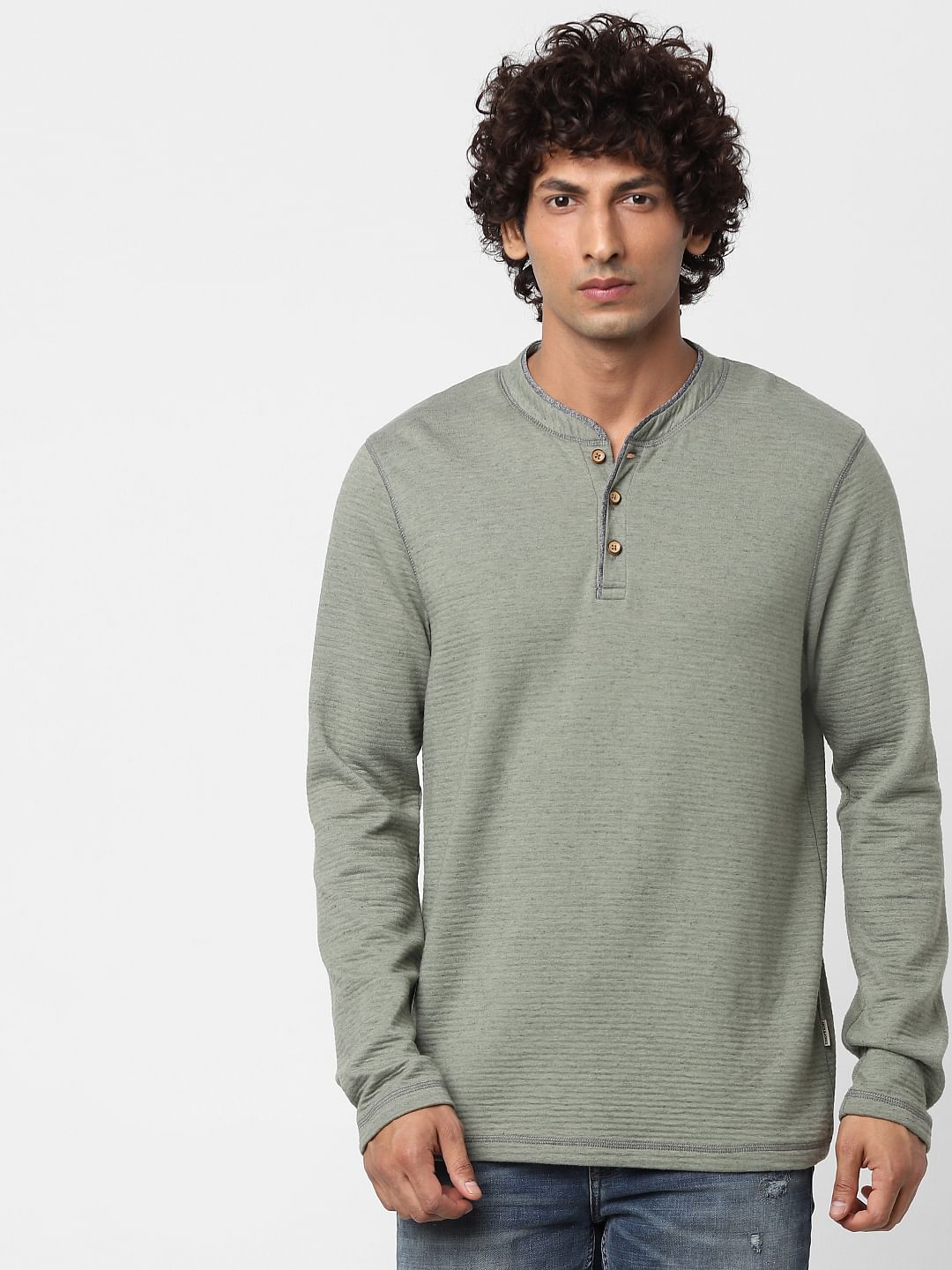 Green Long Sleeves Henley Neck T-shirt