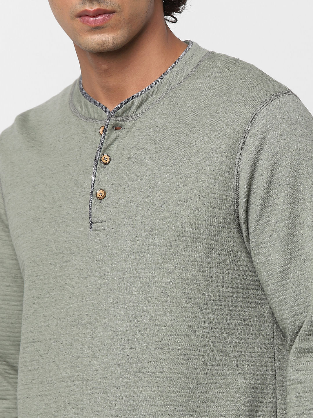 Green Long Sleeves Henley Neck T-shirt
