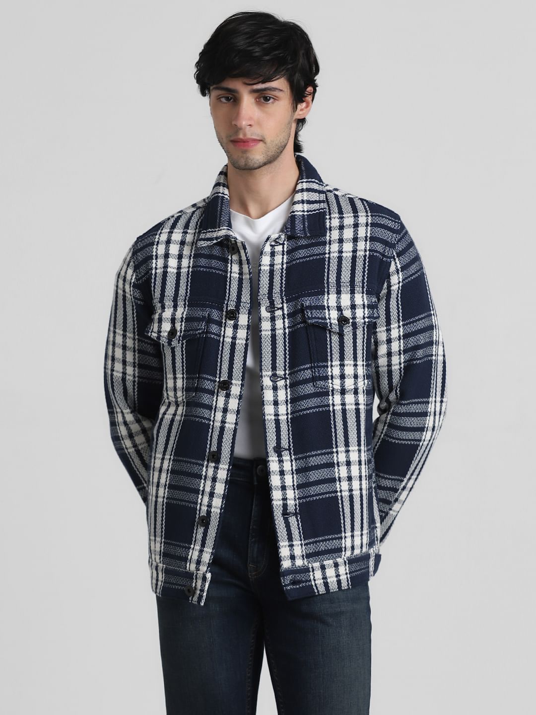 Navy Blue Check Cotton Jacket