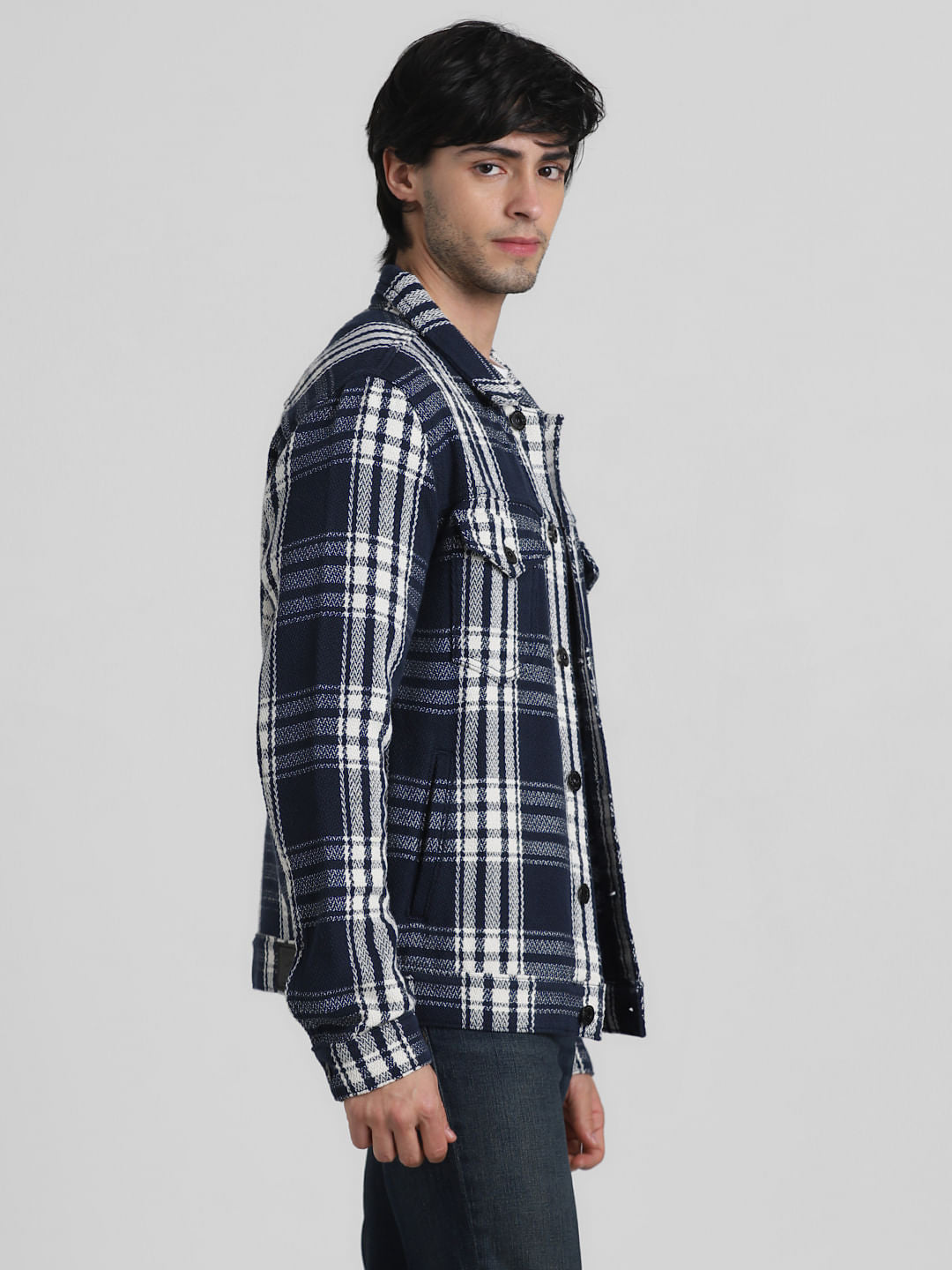 Navy Blue Check Cotton Jacket