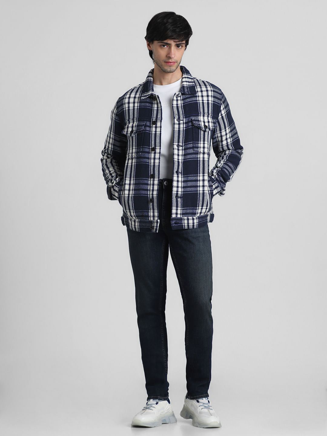 Navy Blue Check Cotton Jacket