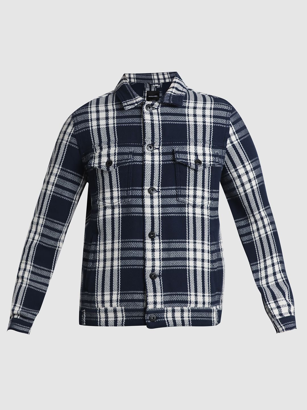 Navy Blue Check Cotton Jacket