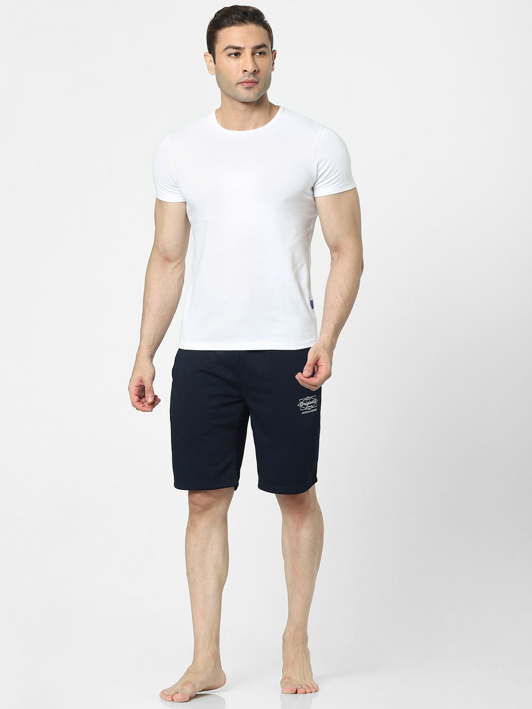 Navy Blue Mid Rise Logo Print Sweatshorts