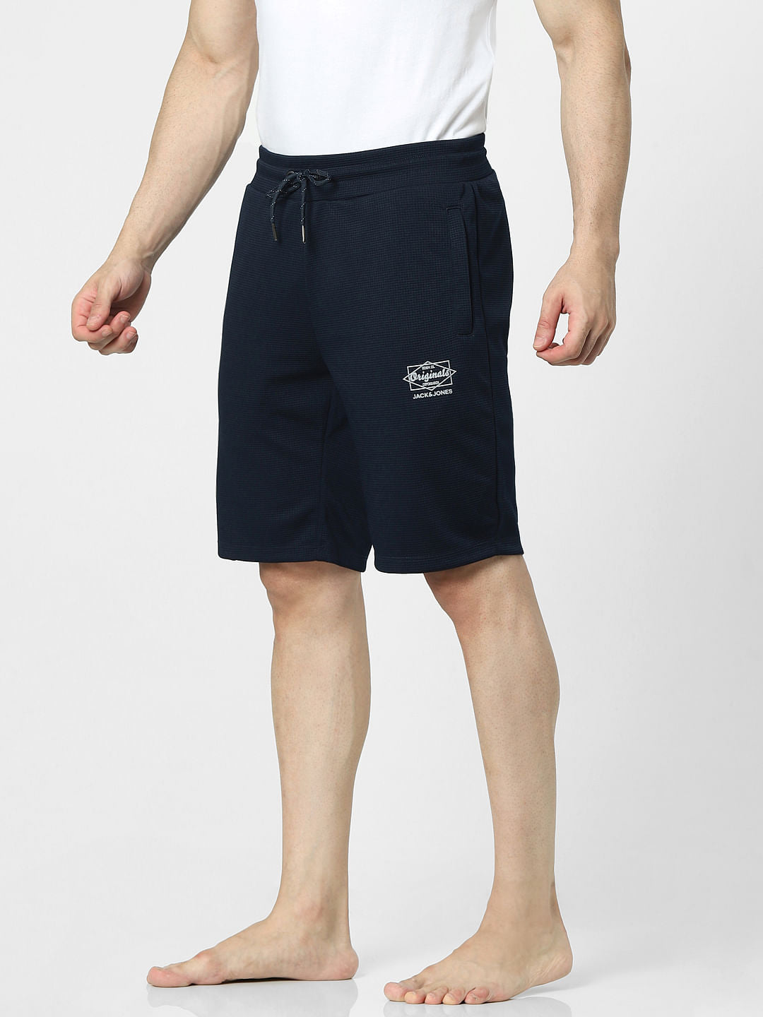 Navy Blue Mid Rise Logo Print Sweatshorts