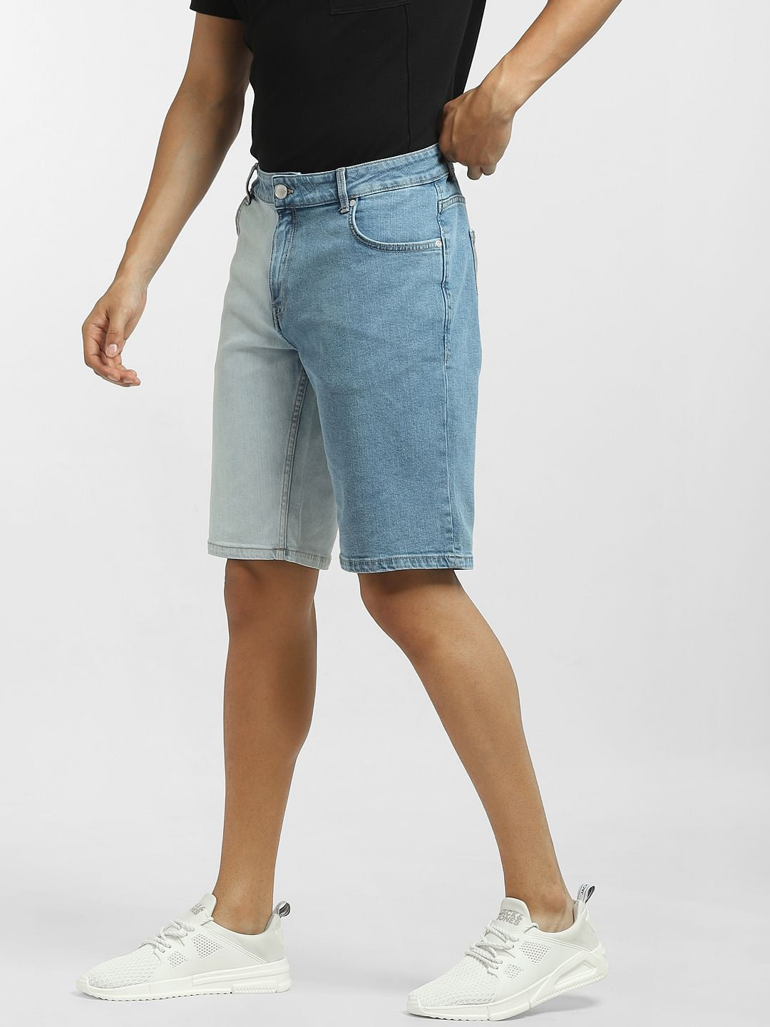 Blue Low Rise Colourblocked Denim Shorts