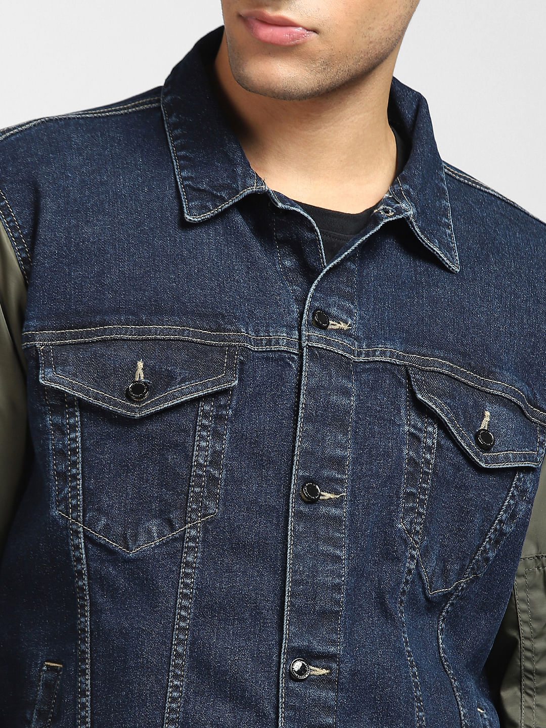 Blue Denim Colourblocked Sleeve Jacket