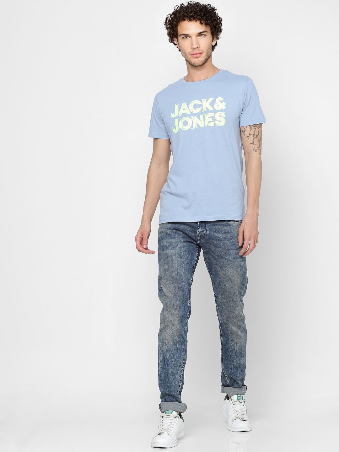 Light Blue Logo Print Crew Neck T-shirt
