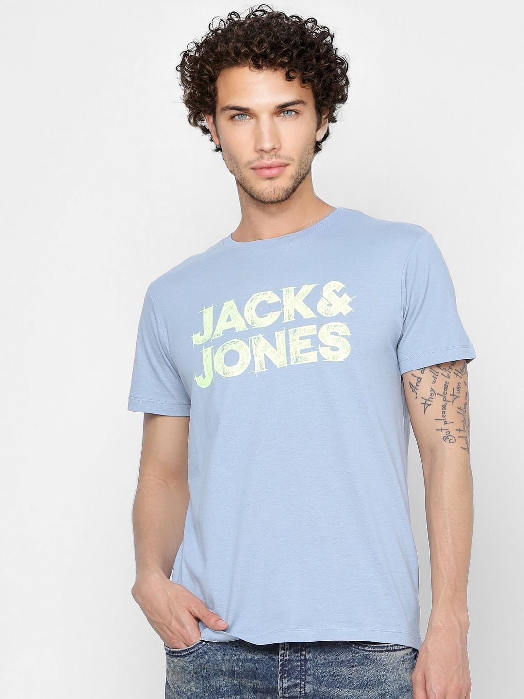 Light Blue Logo Print Crew Neck T-shirt