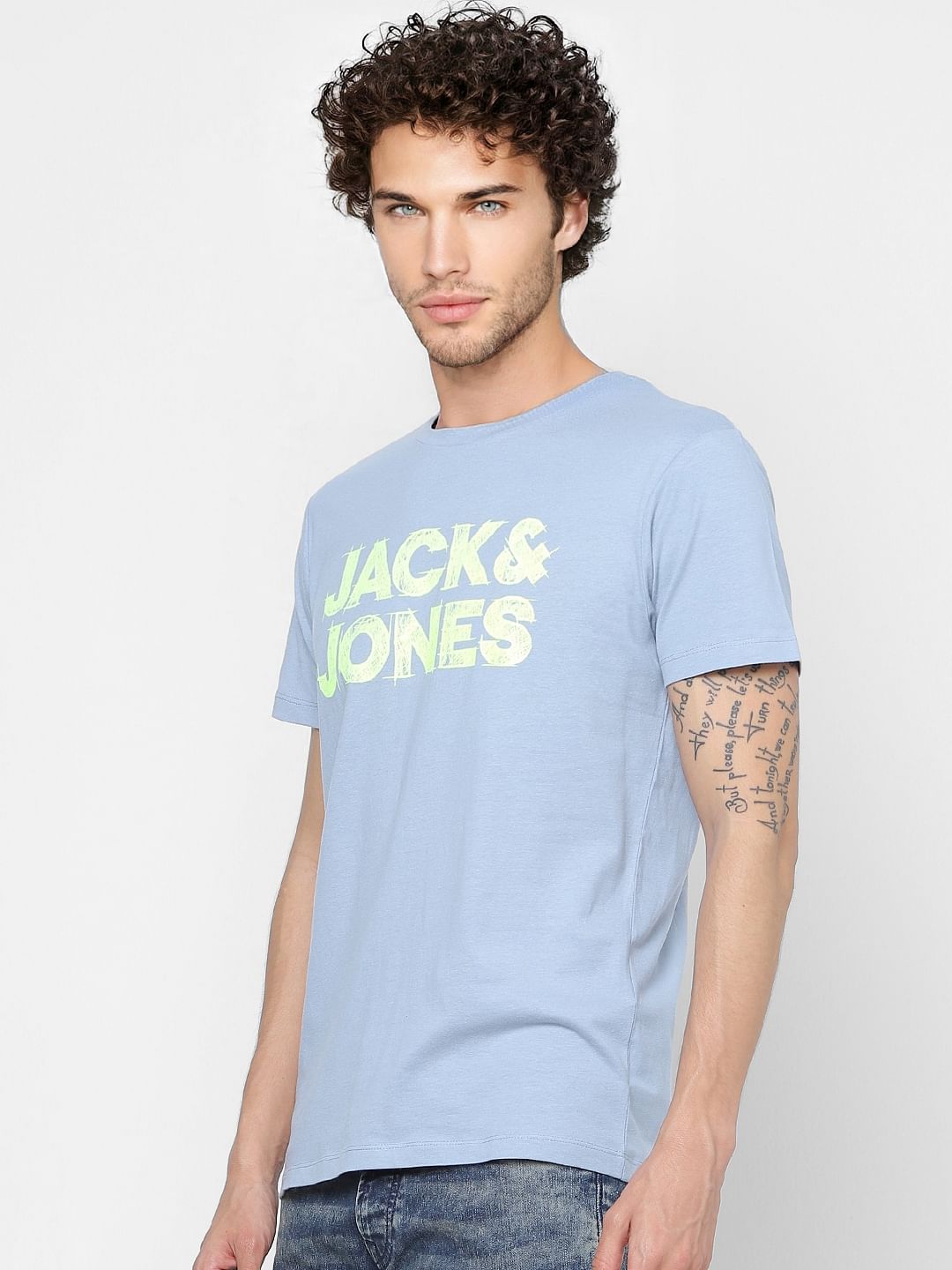 Light Blue Logo Print Crew Neck T-shirt
