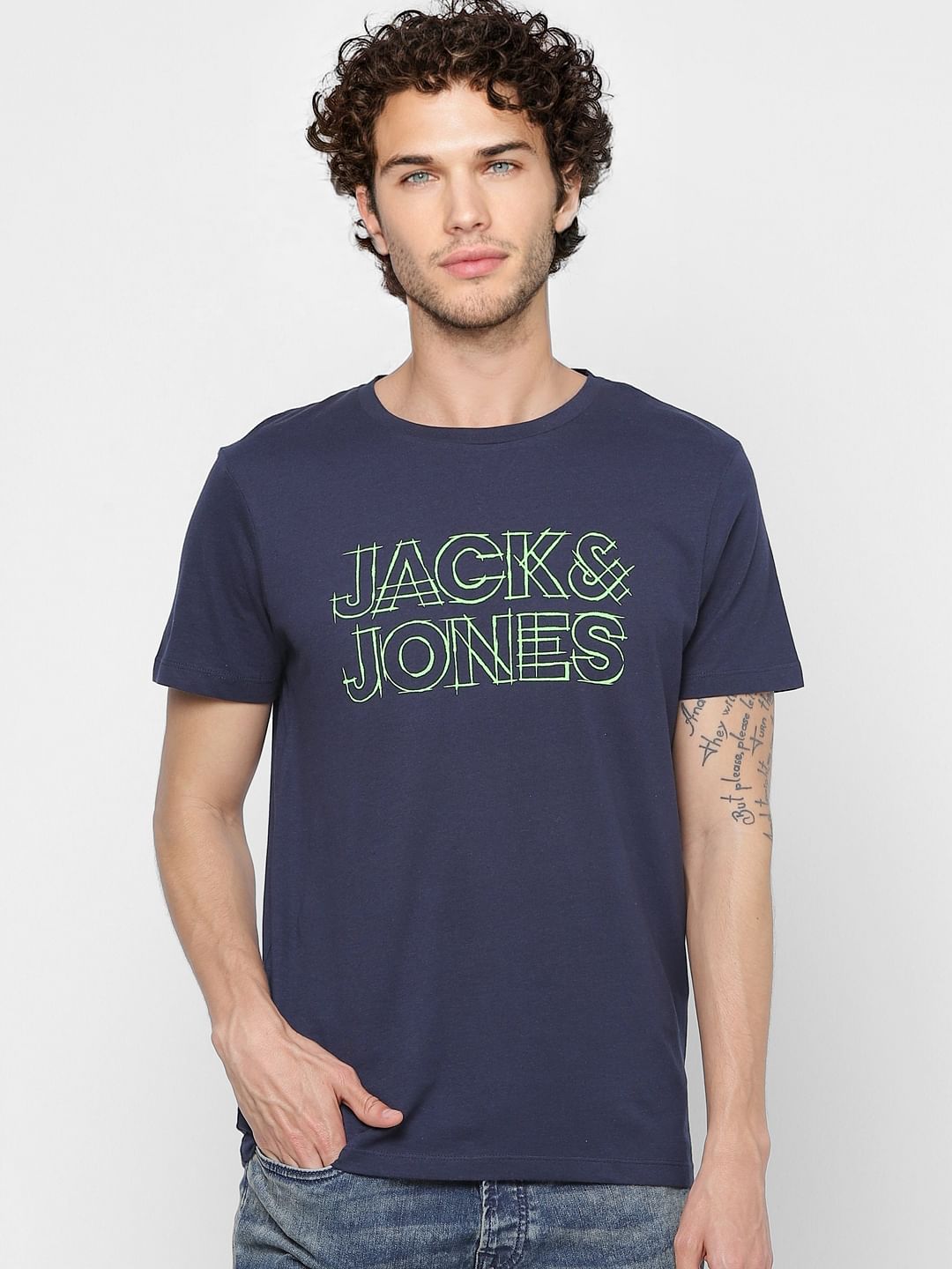 Dark Blue Logo Print Crew Neck T-shirt