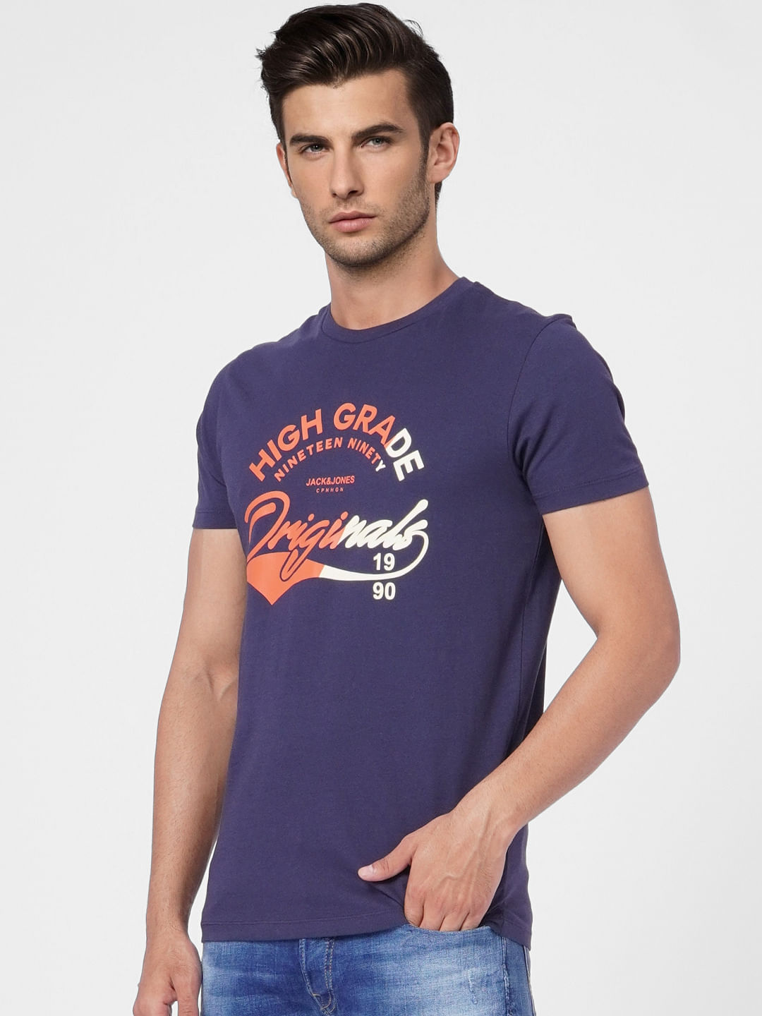 Blue Text Print Crew Neck T-shirt