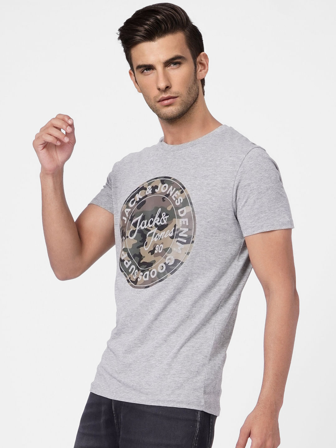 Grey Camo Graphic Crew Neck T-shirt