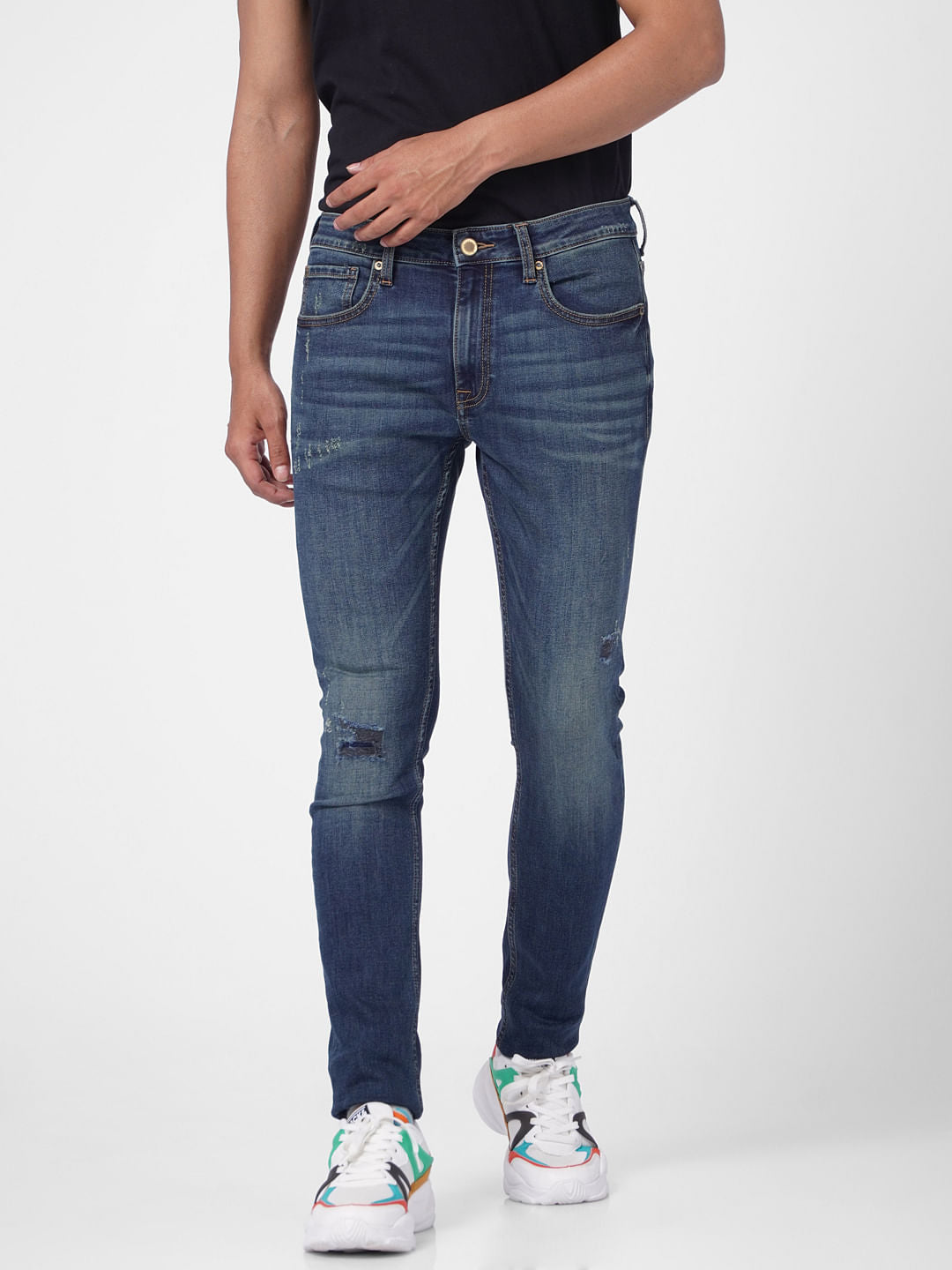 Dark Blue Low Rise Distressed Skinny Jeans