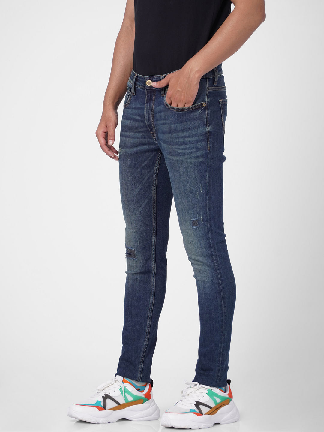 Dark Blue Low Rise Distressed Skinny Jeans